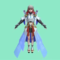 Fantasy 3D Character With Gray Hair Red Highlights White Blue Outfit And Golden Cloak Decorations