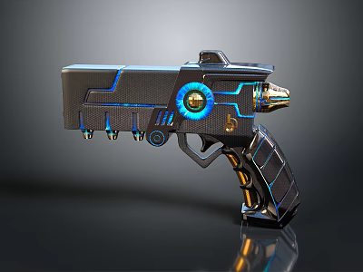 Advanced Futuristic Gun With Black Body Blue Glowing Lines Circular Light And Gold Accents 3d model