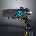 Advanced Futuristic Gun With Black Body Blue Glowing Lines Circular Light And Gold Accents