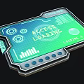 Futuristic Tablet Tech Screen Interface With Green Blue Display Gear Icons Metal Frame Design