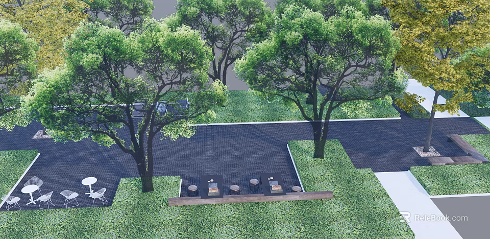 Serene Garden Landscape With Tall Trees Lush Green Lawn And Paved Seating Area 3d model 