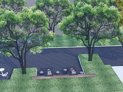 Serene Garden Landscape With Tall Trees Lush Green Lawn And Paved Seating Area 3d model