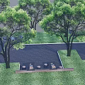 Serene Garden Landscape With Tall Trees Lush Green Lawn And Paved Seating Area