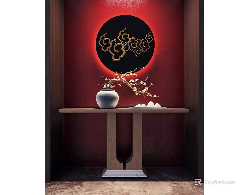 Elegant Console Table With Red Wall Circular Golden Pattern Vase And Plum Branches 3d model