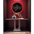 Elegant Console Table With Red Wall Circular Golden Pattern Vase And Plum Branches 3d model