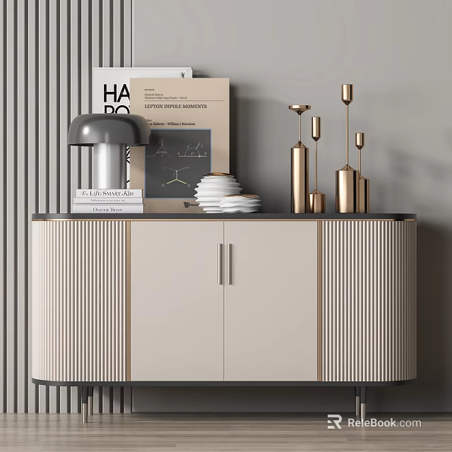 Modern Entryway Console Cabinet With Beige Doors And Gold Decor Items On Top 3d model 