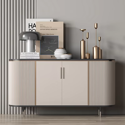 Modern Entryway Console Cabinet With Beige Doors And Gold Decor Items On Top 3d model