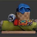 Colorful Rolled Towels Display With Blue Towel In Wooden Basket And Various Patterns On Tray