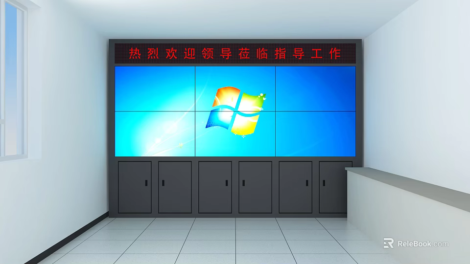 Computer Monitor Video Wall Display With Windows OS Interface And Equipment Cabinets 3d model 
