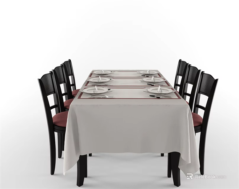 Stylish Dining Table Set With White Tablecloth Black Chairs And Tableware 3d model 