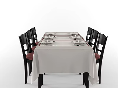 Stylish Dining Table Set With White Tablecloth Black Chairs And Tableware 3d model