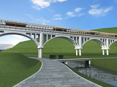 White Arch Bridge Over Small Stream With Green Grass Hills Stone Path Blue Sky Clouds 3d model