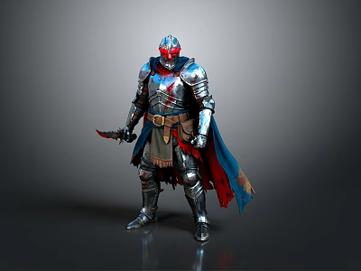 Man in Silver Armor With Red Helmet Holding Knife And Red and Blue Cape 3d model