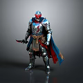 Man in Silver Armor With Red Helmet Holding Knife And Red and Blue Cape