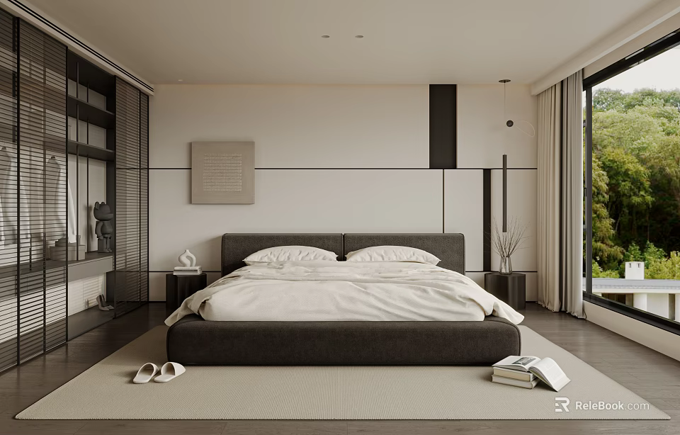 Modern Bedroom Interior With Gray Bed Frame White Bedsheets And Floor to Ceiling Windows 3d model 