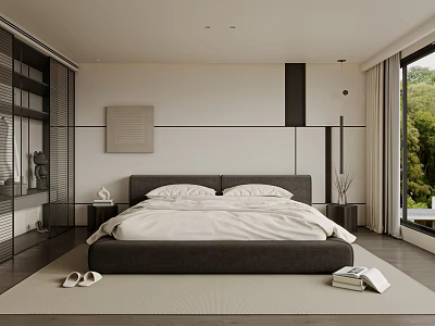 Modern Bedroom Interior With Gray Bed Frame White Bedsheets And Floor to Ceiling Windows 3d model