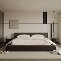 Modern Bedroom Interior With Gray Bed Frame White Bedsheets And Floor to Ceiling Windows 3d model