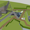 Modern Garden Landscape Design With Green Lawn Trees Water Feature And Pathways
