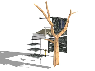 Unique Indoor Space With Tree Trunk Metal Stairs Elevated Bed And Brick Wall 3d model