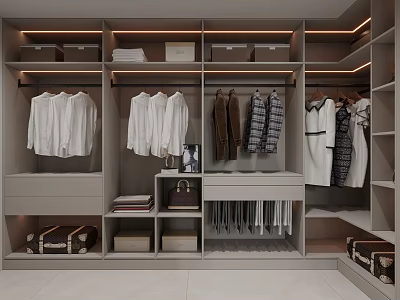 Modern Walk in Closet Interior With Clothes Storage And Lighting 3d model
