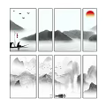 Chinese Ink Wash Landscape Painting with Misty Mountains Flying Birds and Small Boat Under Sun