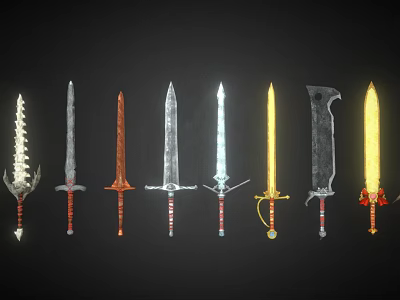 Various Types Of Swords With Different Colors And Glowing Designs Displayed On Black Background 3d model