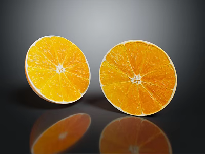 Two Fresh Ripe Orange Slices on Black Background with Clear Reflection 3d model