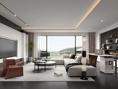 Modern Living Room Interior With Large Windows Mountain View Sofa Coffee Table And Floor Lamp 3d model