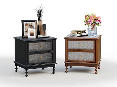 Black and Brown Bedside Tables Featuring Mesh Drawers Photo Frames Vases with Flowers and Books 3d model