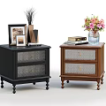 Black and Brown Bedside Tables Featuring Mesh Drawers Photo Frames Vases with Flowers and Books