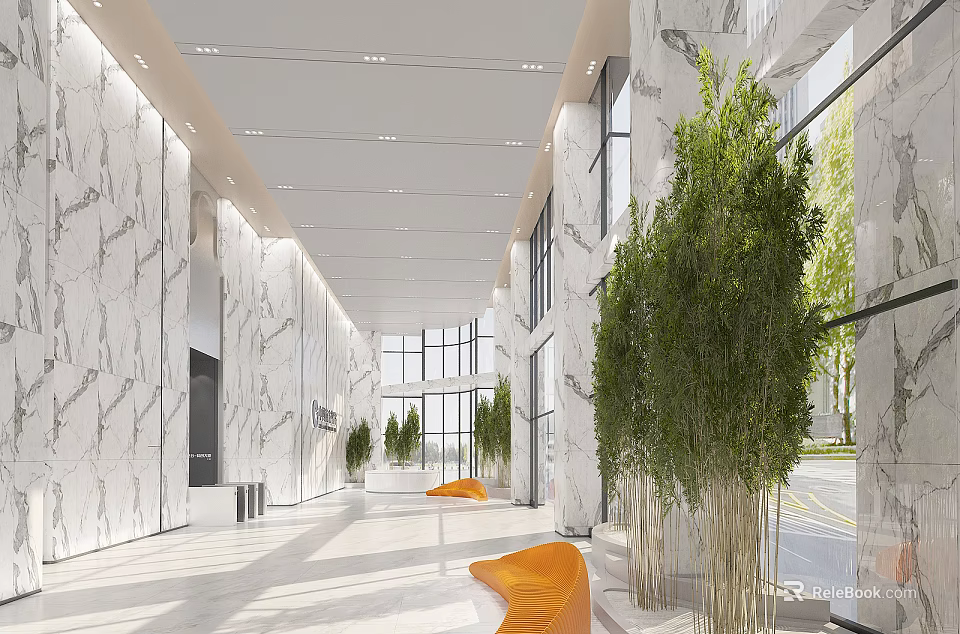 Modern Front Desk Reception With Marble Walls Large Windows Green Plants And Orange Chairs 3d model 