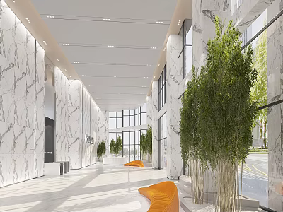 Modern Front Desk Reception With Marble Walls Large Windows Green Plants And Orange Chairs 3d model