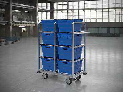 Multi tiered Industrial Cart With Blue Containers And Wheels In Industrial Facility 3d model