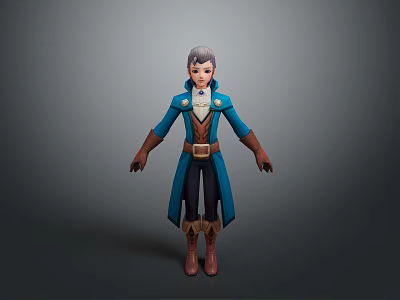 Animated Game and Movie Character With Gray Hair Blue Coat Brown Gloves and Boots 3d model