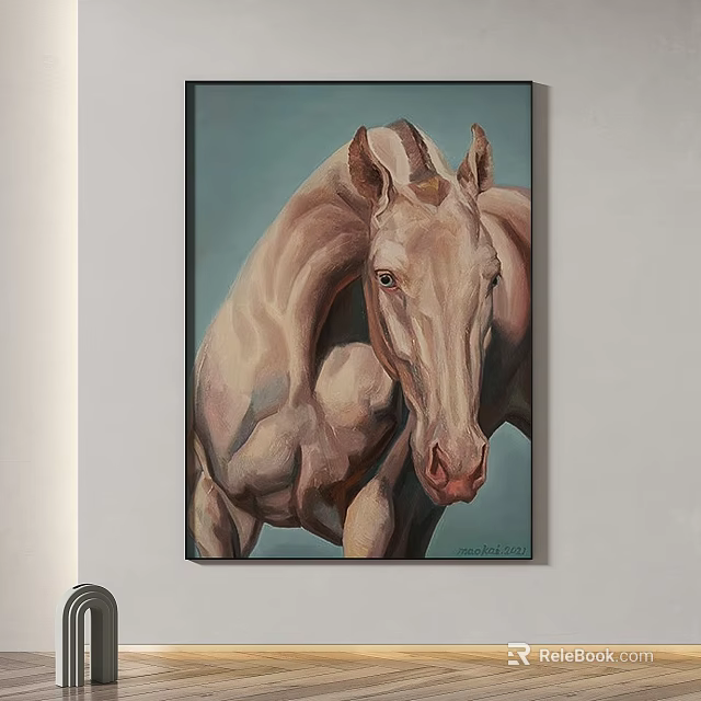 Abstract Painting of Light Brown Horse with Light Blue Background and Dark Frame Wall Hanging 3d model 