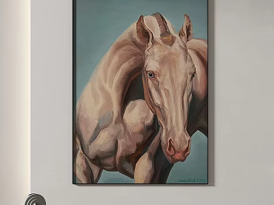 Abstract Painting of Light Brown Horse with Light Blue Background and Dark Frame Wall Hanging 3d model