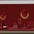 Luxury Jewelry Display with Red Background Mannequins Necklaces Earrings and Cases