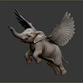 Winged Baby Elephant 3D Render In Flying Pose With Large Wings And Gray Background