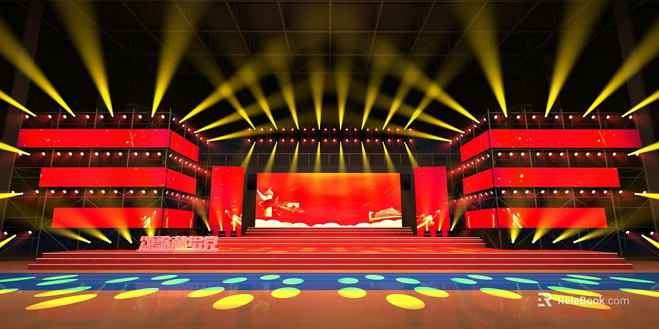 Grand Red Themed Stage With Lighting And Large Screen 3d model