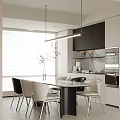 Modern Open Restaurant Kitchen With Round Dining Table Chairs Black Cabinets And Hanging Lights 3d model