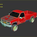 Red Pickup Truck With Shiny Chrome Wheels And Reflective Exterior Surface