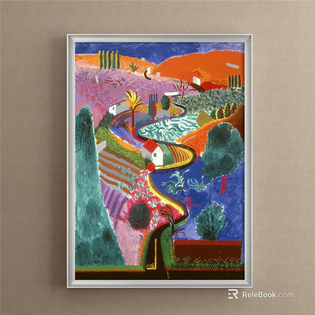 Vibrant Abstract Painting With Colorful Landscape Hills Trees Winding Path And Houses 3d model 