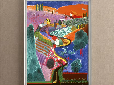 Vibrant Abstract Painting With Colorful Landscape Hills Trees Winding Path And Houses 3d model