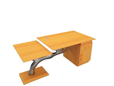 Wooden Office Desk With Double Tabletop Metal Frame And Drawer Cabinet For Home Workspace 3d model