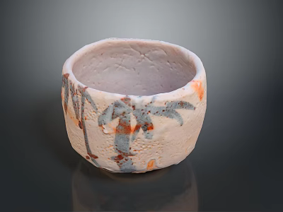Hand Carved Ceramic Sculpture Decorative Bowl with Textured Surface and Orange Blue Patterns 3d model