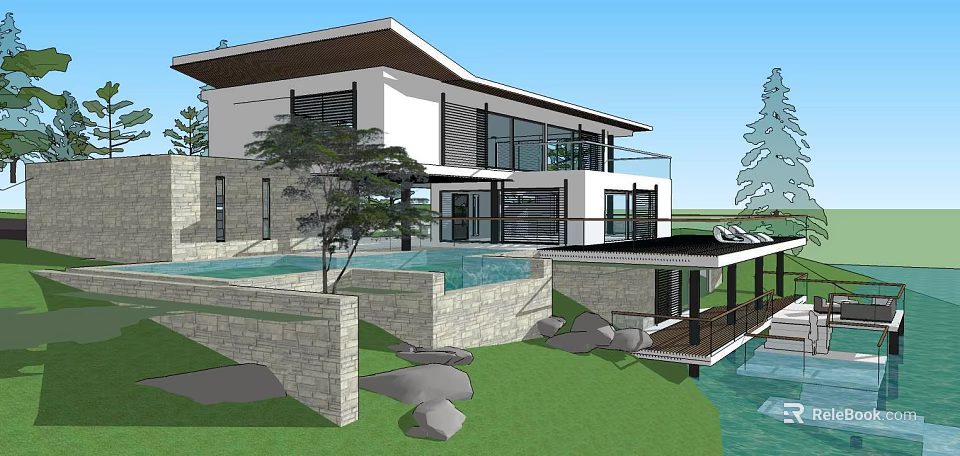 Modern Detached Villa With Swimming Pool Large Windows And Landscaped Yard 3d model 