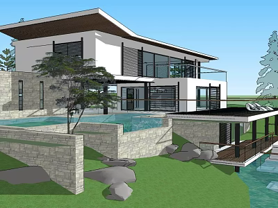 Modern Detached Villa With Swimming Pool Large Windows And Landscaped Yard 3d model