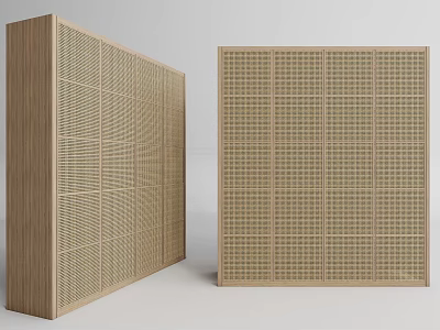 Wooden Wardrobe With Grid Design And Rattan Woven Texture For Bedroom 3d model