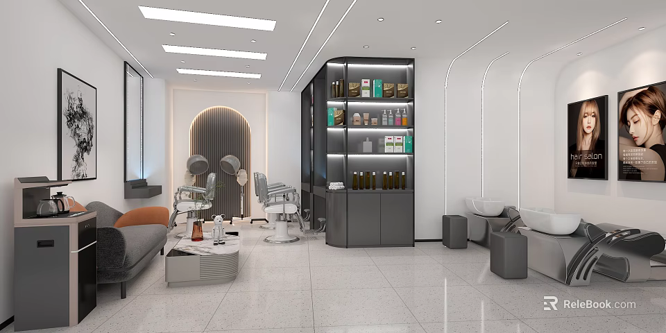 Elegant Beauty Hair Salon Interior Featuring Styling Chairs Product Display Shelves And Lounge Sofa 3d model 