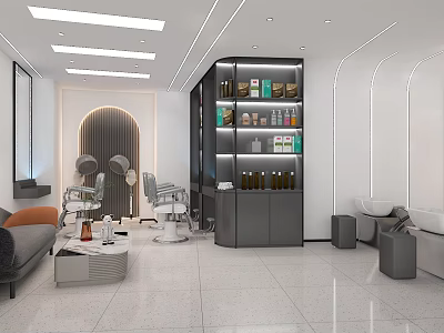Elegant Beauty Hair Salon Interior Featuring Styling Chairs Product Display Shelves And Lounge Sofa 3d model